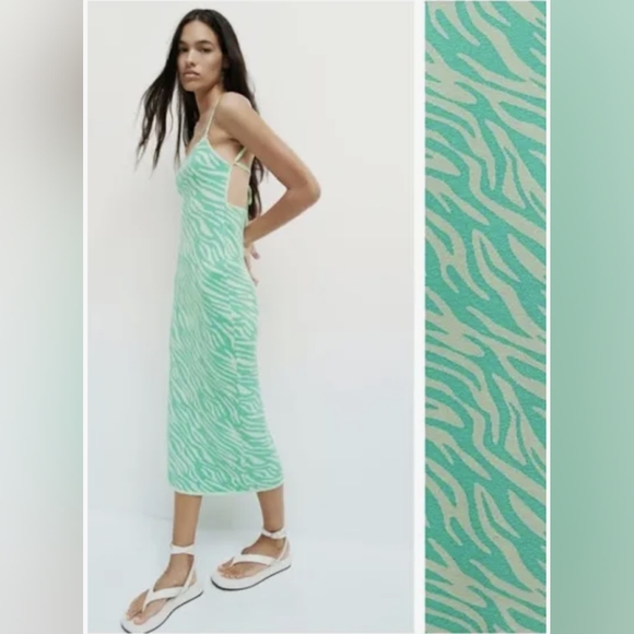Zara Green Zebra Striped Dress, Size: S - Picture 2 of 3
